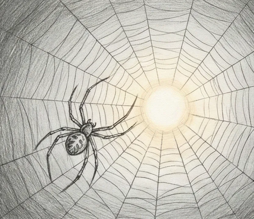 Une araignée tissant sa toile au lever du soleil, symbolisant la créativité et le destin