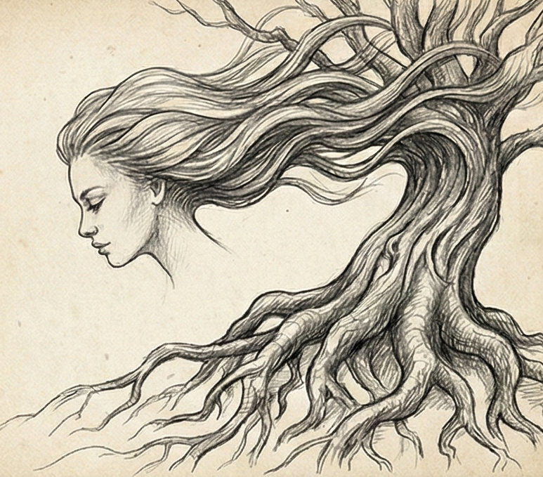 Des cheveux ondulant au vent, symbolisant la vitalité, la séduction et l'identité