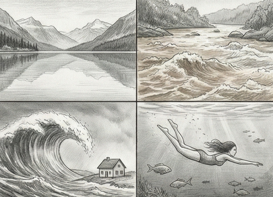 Surface d'une eau calme et claire reflétant le ciel, symbolisant la paix intérieure dans un rêve.