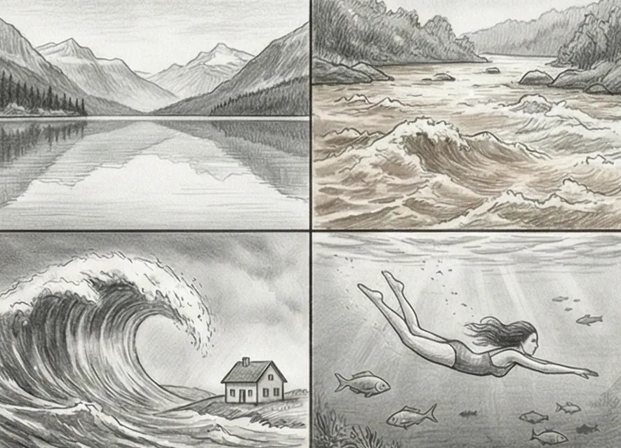 Surface d'une eau calme et claire reflétant le ciel, symbolisant la paix intérieure dans un rêve.