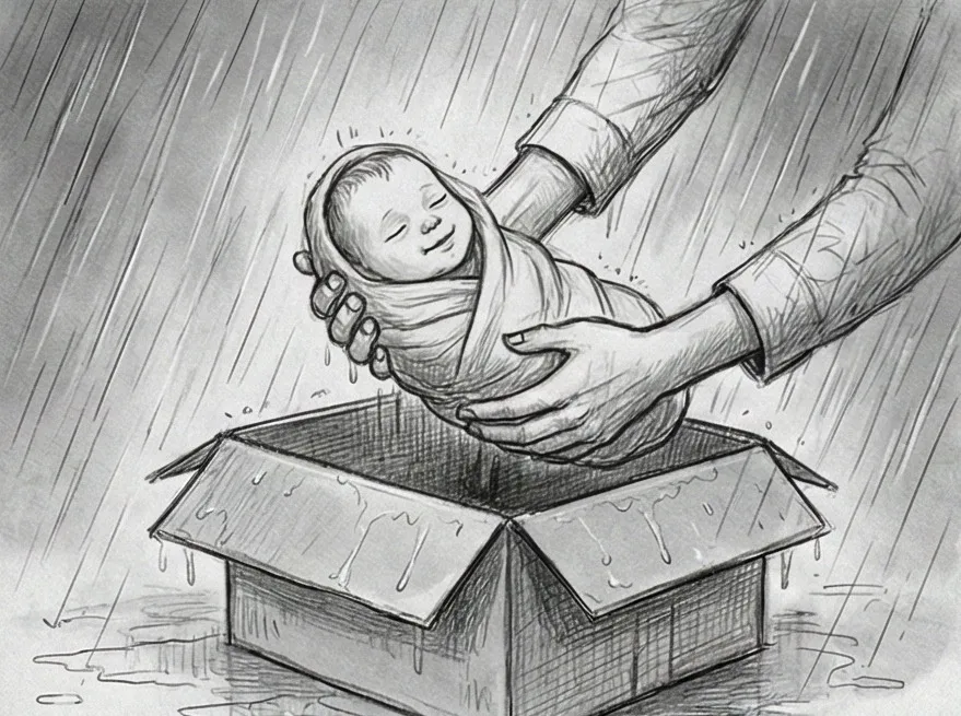 Bébé dans une boîte sous la pluie