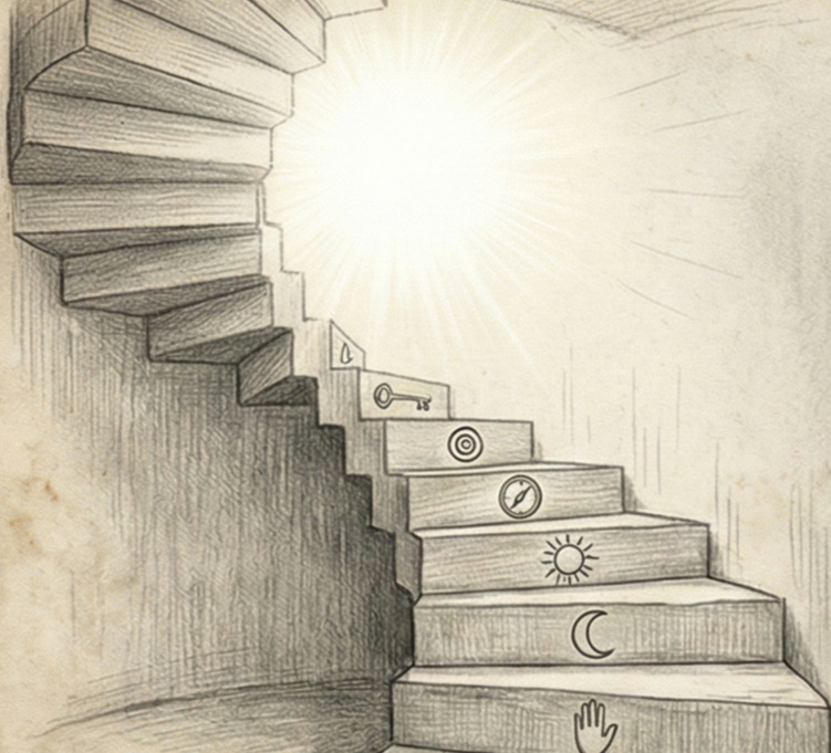Un escalier montant vers la lumière, symbolisant l'ascension et la progression spirituelle