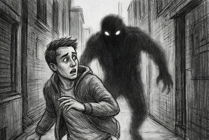 Personne fuyant dans une rue sombre avec une ombre menaçante derrière elle, symbolisant la poursuite et la fuite dans les rêves