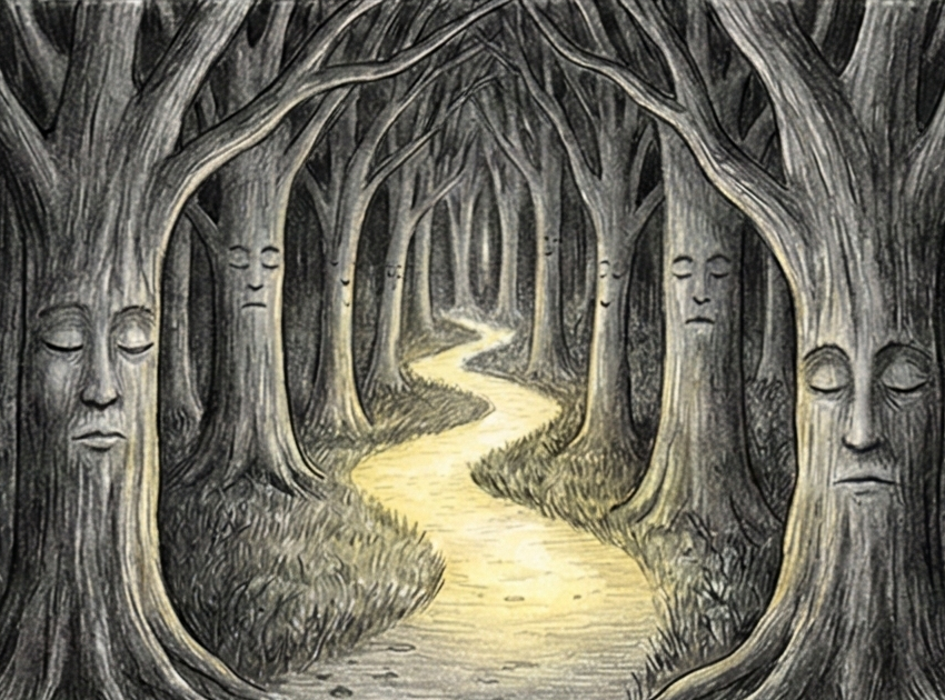 Une forêt mystérieuse avec des rayons de lumière filtrant entre les arbres