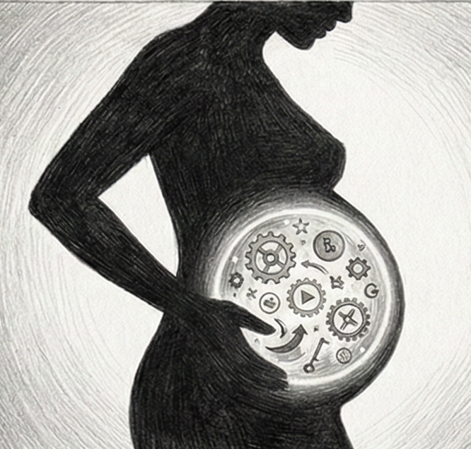 Une silhouette de femme enceinte en contre-jour, symbolisant la création et les nouveaux départs