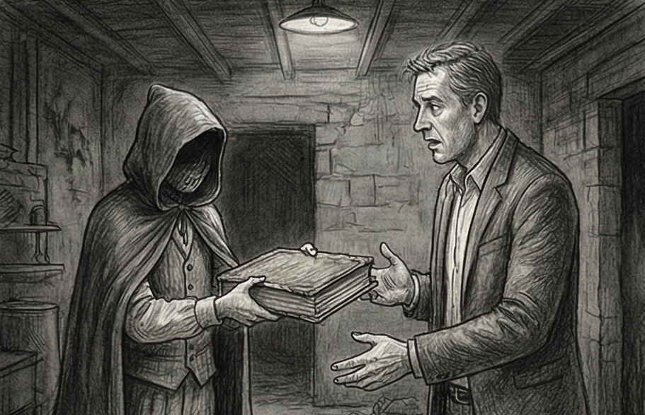 Silhouette sombre tendant un livre dans un sous-sol