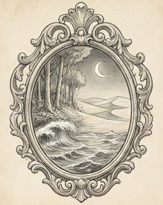 Un miroir ancien reflétant une image mystérieuse, symbolisant l'introspection et l'identité