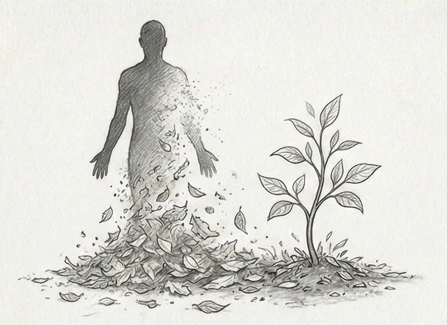 Symbolisme du rêve de mort, avec une image de renaissance comme un phénix ou une plante qui repousse.