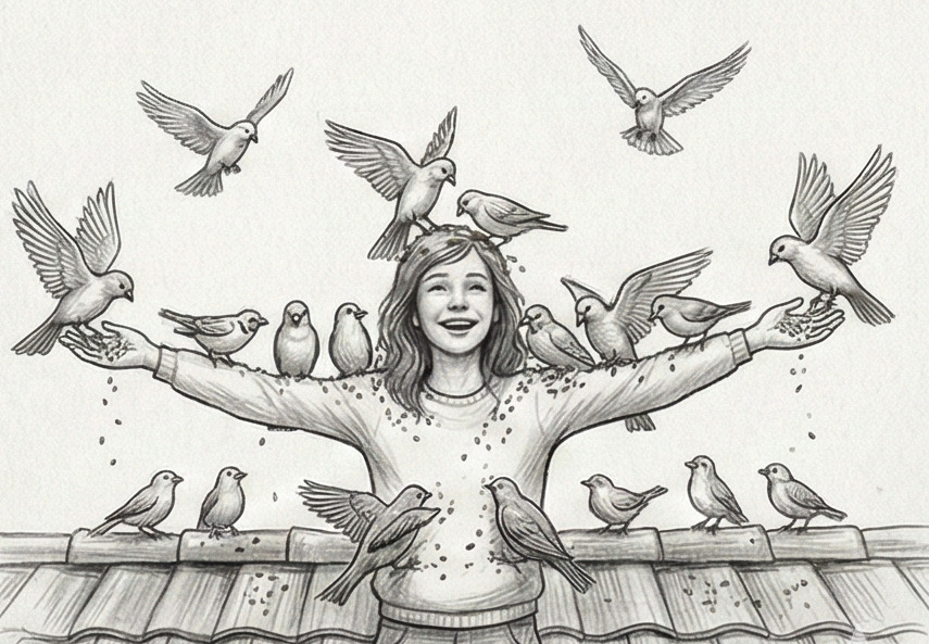 Personne sur un toit nourrissant des oiseaux