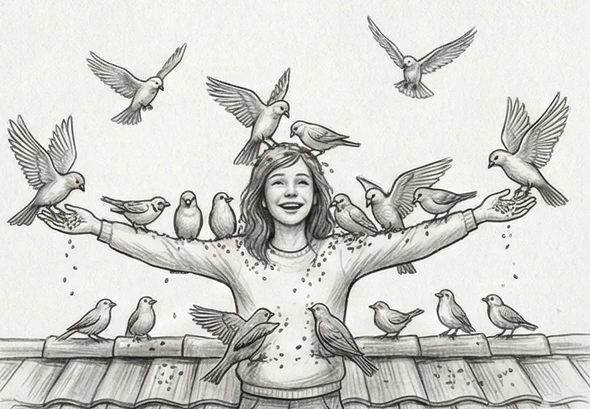 Personne sur un toit nourrissant des oiseaux