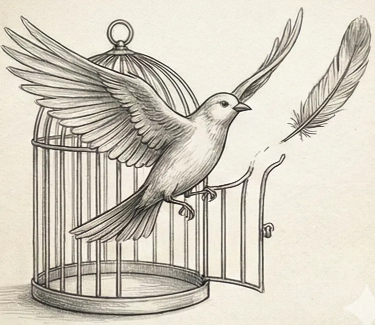 Un oiseau en vol dans un ciel bleu, symbolisant la liberté et l'élévation de l'âme