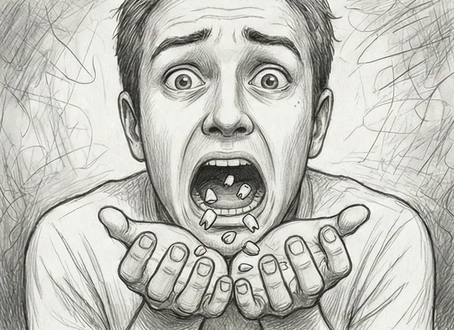 Illustration symbolique d'une personne rêvant de perdre ses dents, représentant l'anxiété.