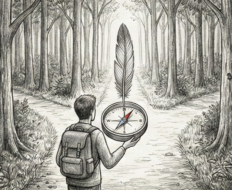 Une personne seule dans un labyrinthe brumeux, symbolisant la confusion et la recherche de direction