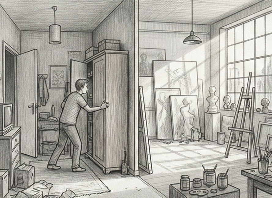 Porte secrète ouvrant sur un atelier lumineux