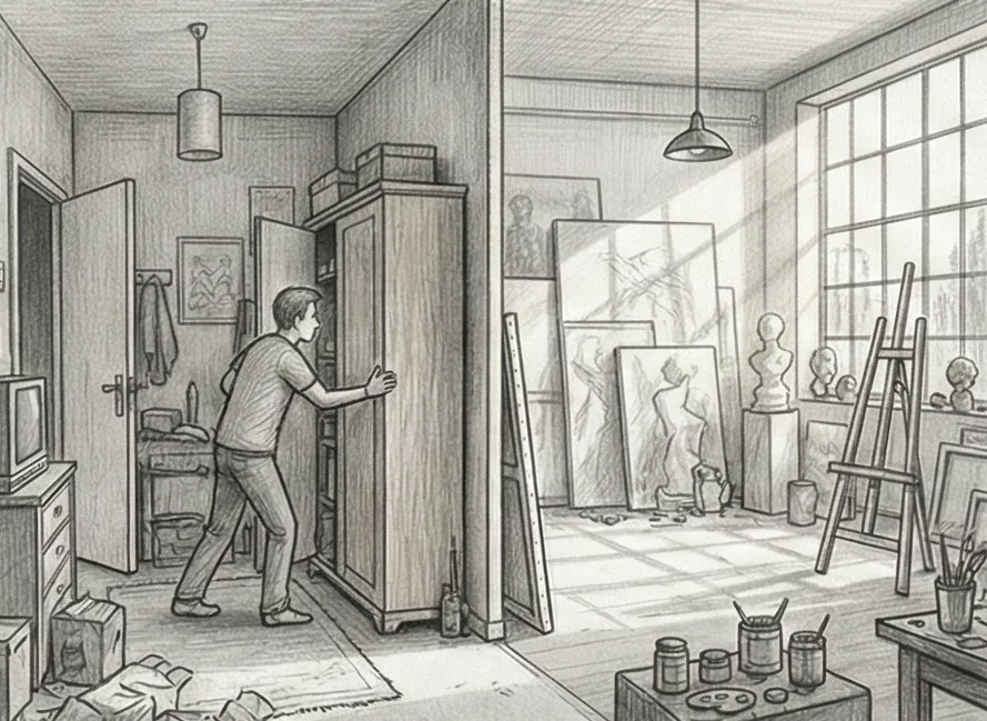 Porte secrète ouvrant sur un atelier lumineux