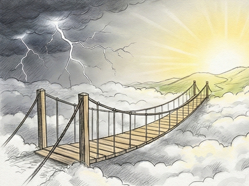 Un pont suspendu traversant une vallée brumeuse, symbolisant les transitions et les connexions