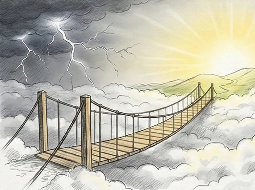 Un pont suspendu traversant une vallée brumeuse, symbolisant les transitions et les connexions