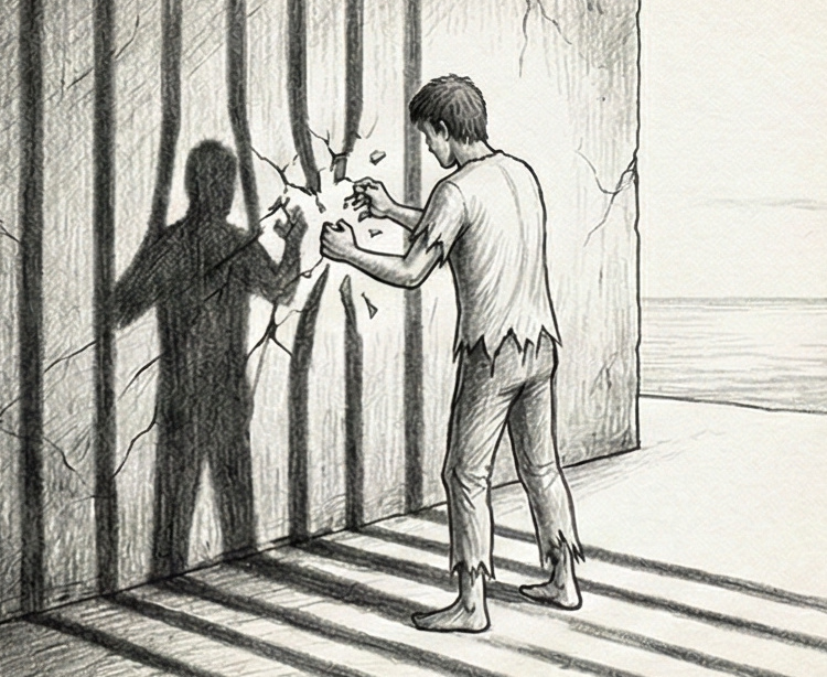 Des barreaux de prison avec une lumière filtrant, symbolisant l'enfermement et le désir de liberté