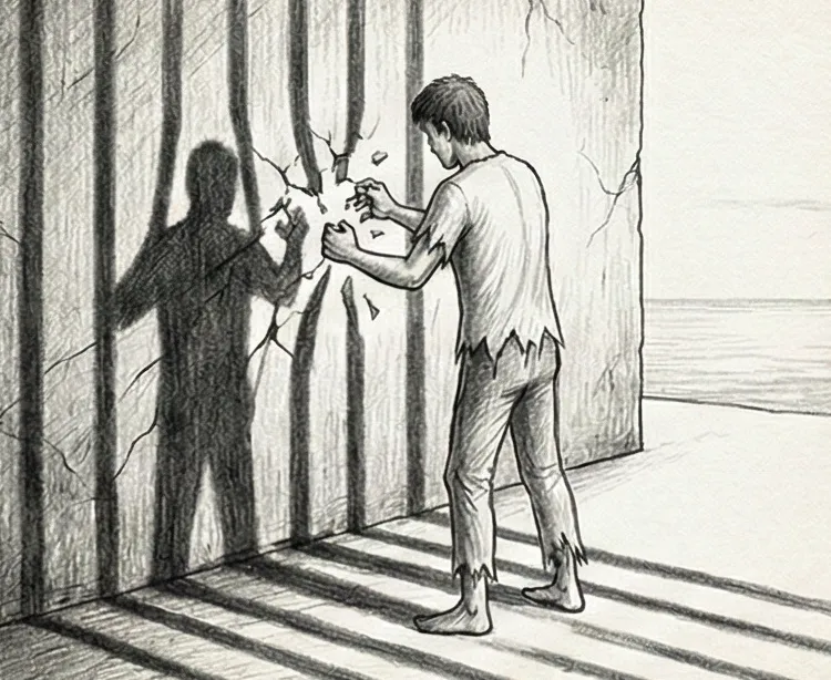 Des barreaux de prison avec une lumière filtrant, symbolisant l'enfermement et le désir de liberté