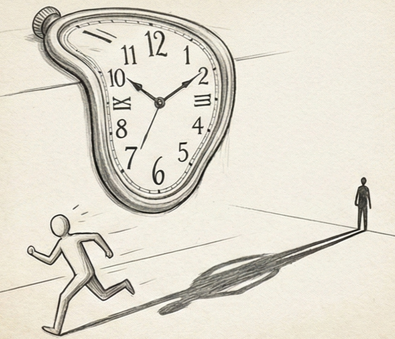 Une horloge aux aiguilles floues symbolisant l'anxiété du retard dans les rêves