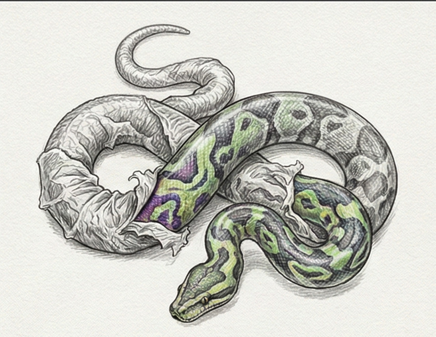 Un serpent vert enroulé sur une branche, symbolisant la transformation dans un rêve