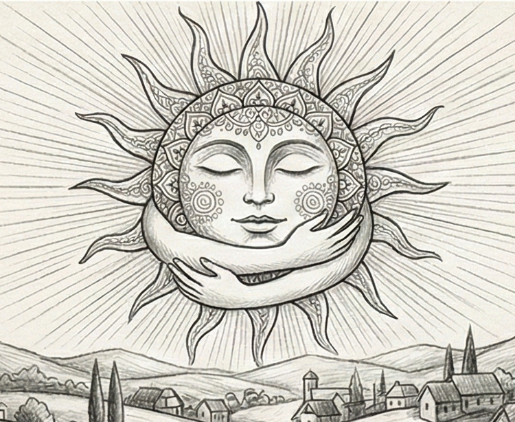 Un soleil radieux se levant à l'horizon, symbolisant la vitalité et la conscience