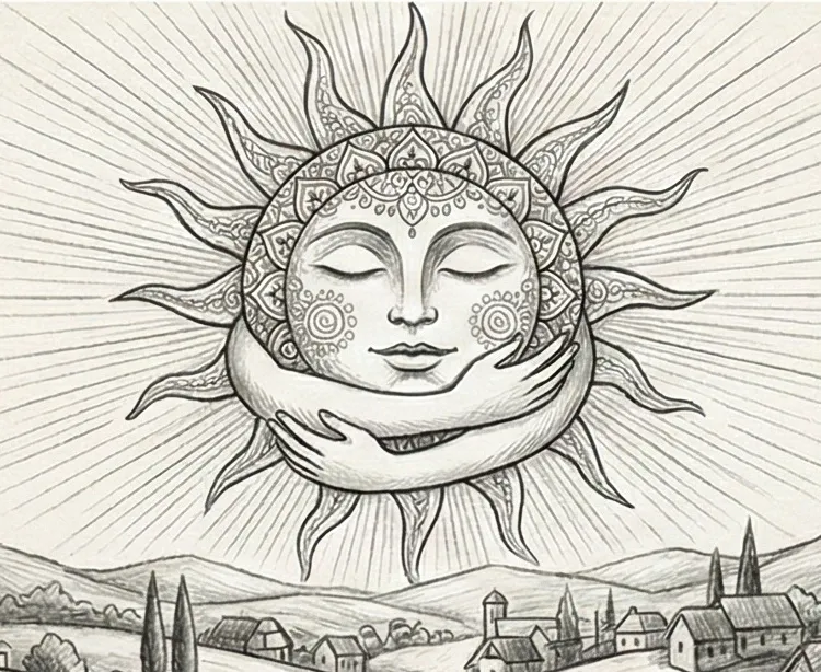 Un soleil radieux se levant à l'horizon, symbolisant la vitalité et la conscience
