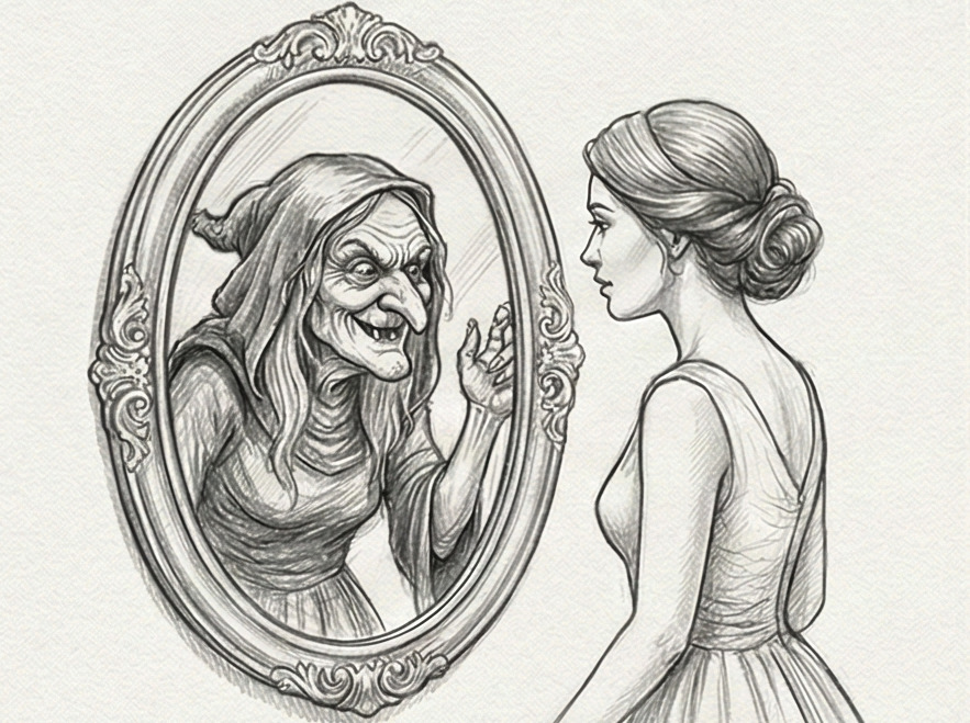 Femme dont le reflet montre une sorcière