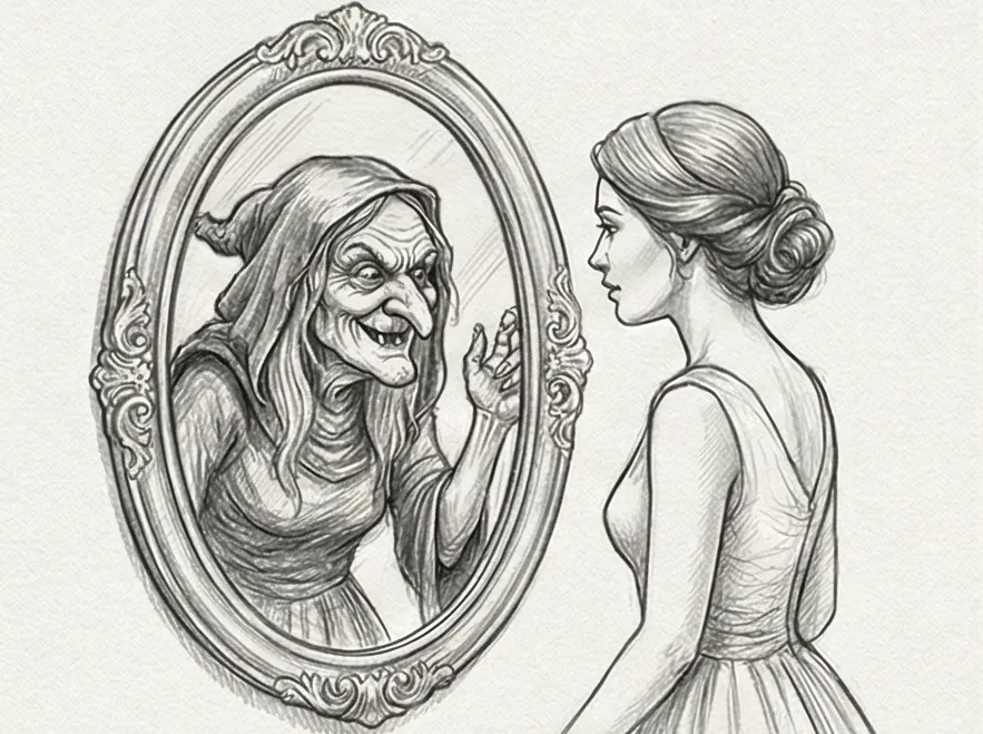 Femme dont le reflet montre une sorcière