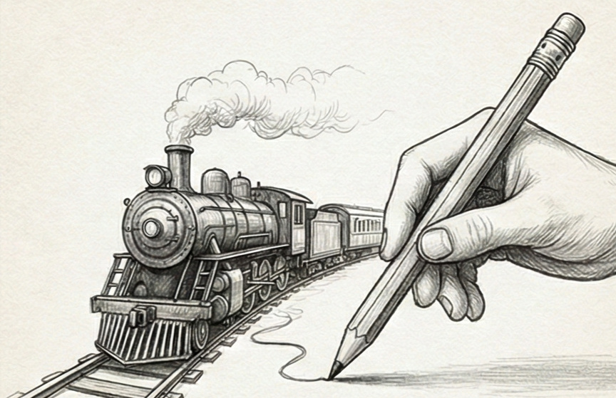 Un train sur des rails s'étendant vers l'horizon, symbolisant le voyage de la vie