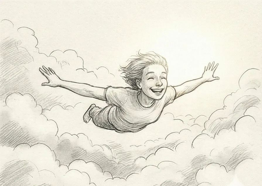 Personne volant librement dans un ciel bleu lumineux, sensation de liberté absolue et de puissance dans un rêve